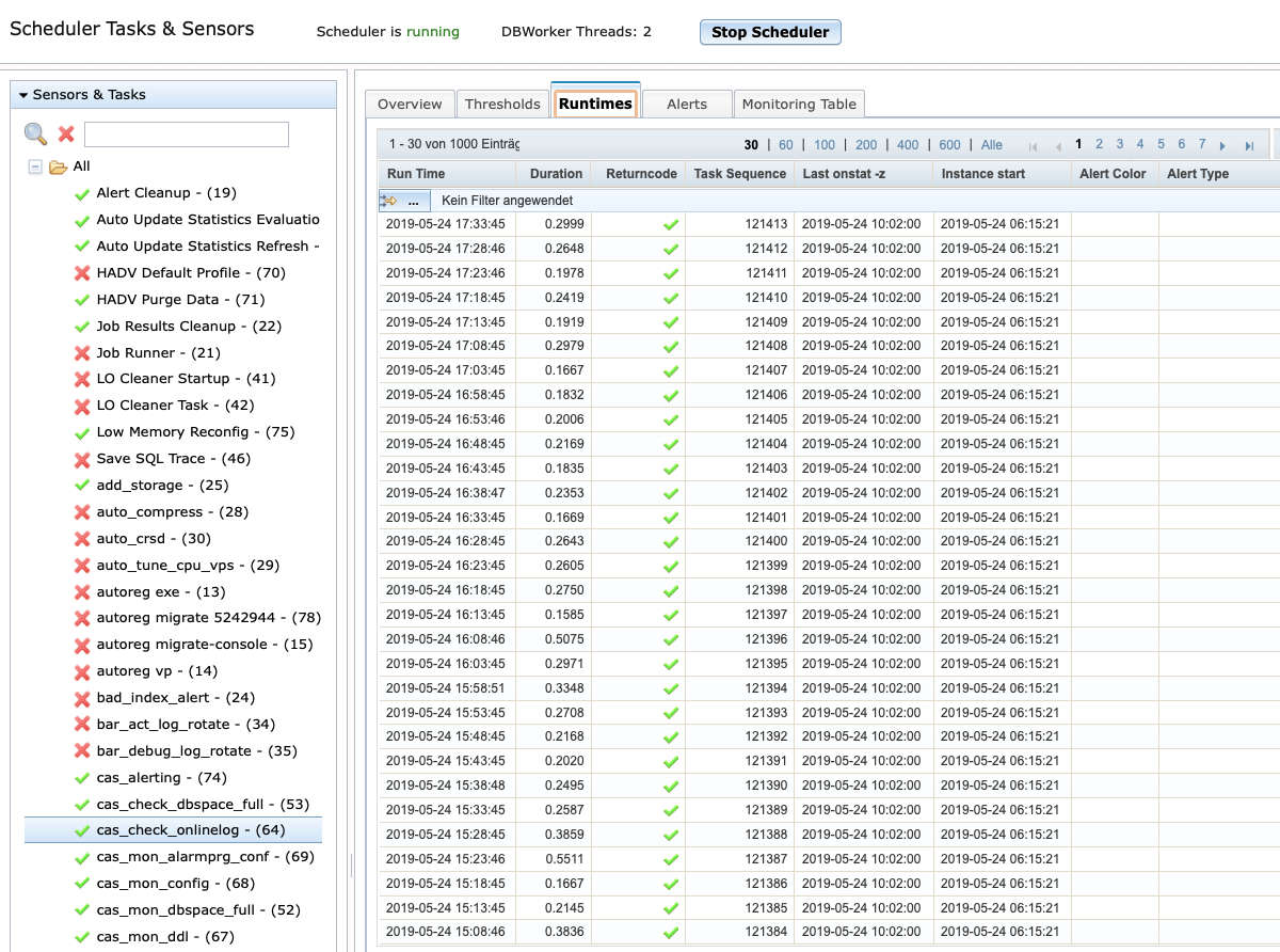 Informix 14.10 Administration Scheduler Modul Tab Runtimes