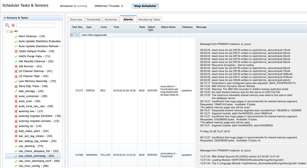 Informix 14.10 Administration Scheduler Modul Tab Alerts