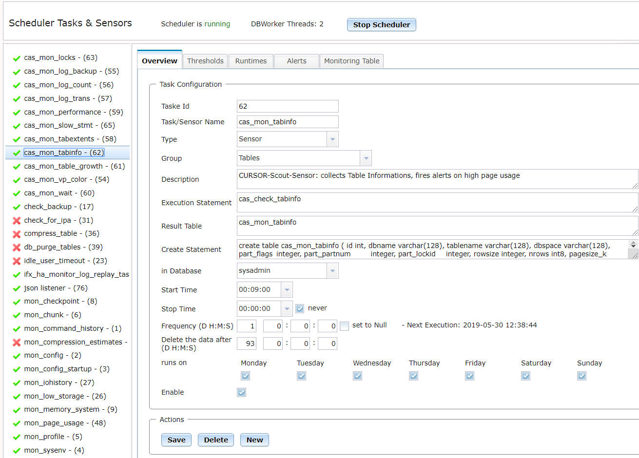 Informix 14.10 Administration Scheduler Modul Tab Sensor