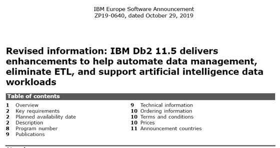 IBM Db2 V11.5 Revised information - Announcement ENUSZP19-0640 (2019-10) -  CURSOR Service Distribution